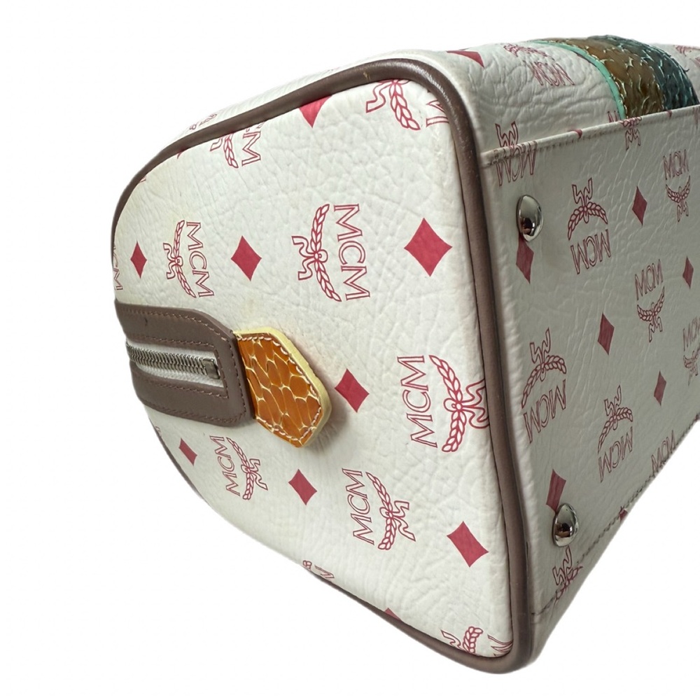 MCM Visetos Striped Munich Lion Boston Satchel White - Picture 4 of 7